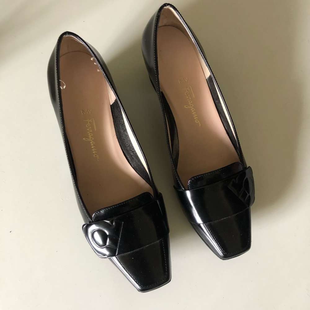 Black Ferragamo wedge loafers